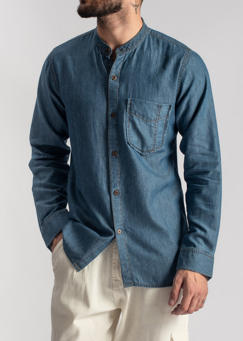 Men's blue denim band collar shirt with relaxed fit and casual styling