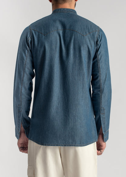 Men's blue denim band collar shirt with relaxed fit and casual styling
