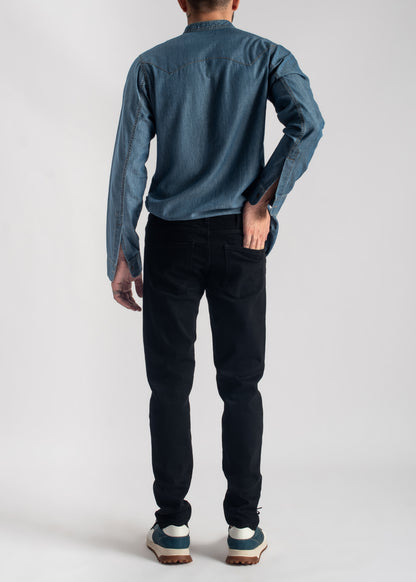 Men's blue denim band collar shirt with relaxed fit and casual styling