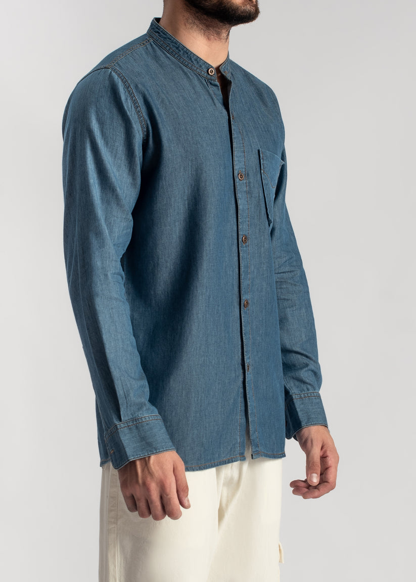Men's blue denim band collar shirt with relaxed fit and casual styling