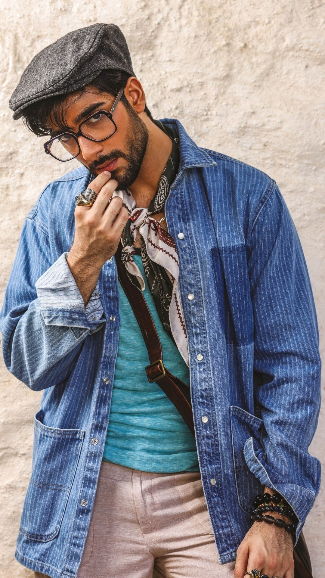 Men's blue striped denim shirt with vertical stripes and relaxed styling