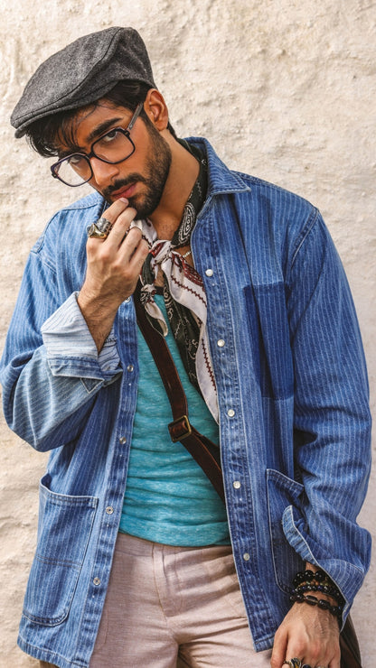 Men's blue striped denim shirt with vertical stripes and relaxed styling
