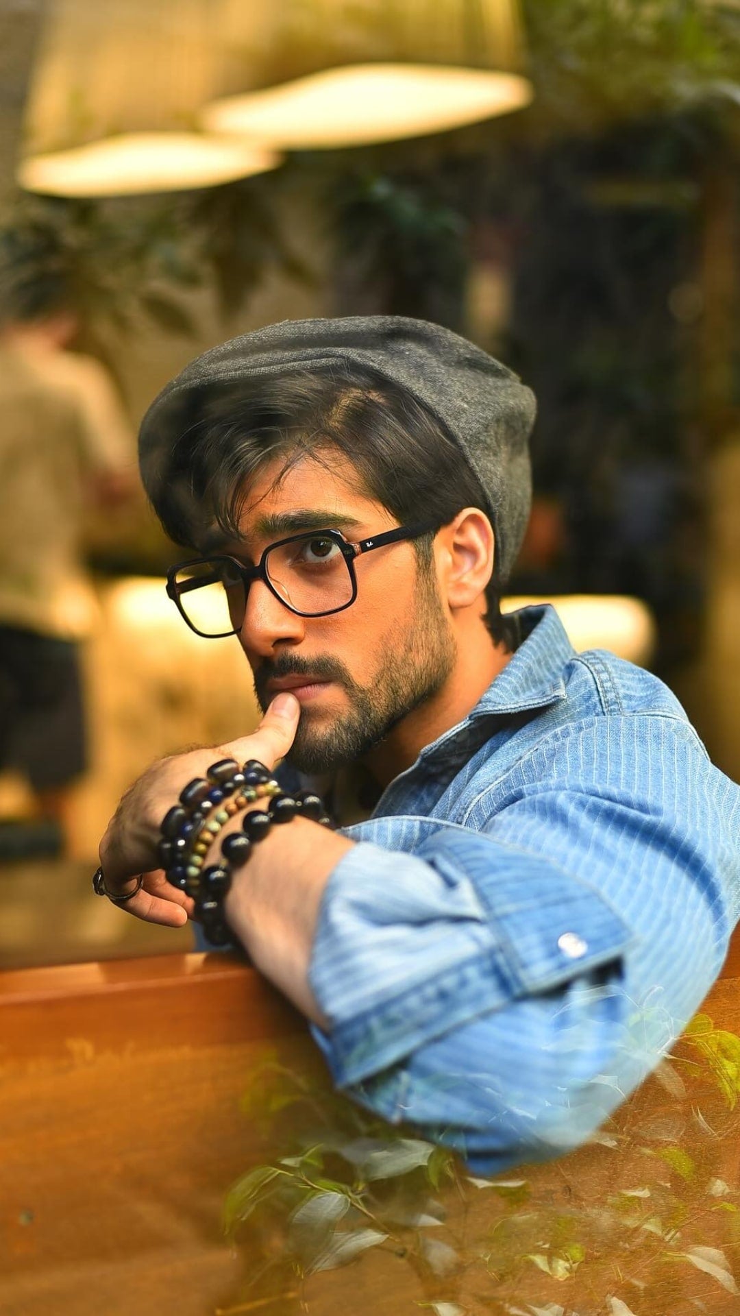 Men's blue striped denim shirt with vertical stripes and relaxed styling