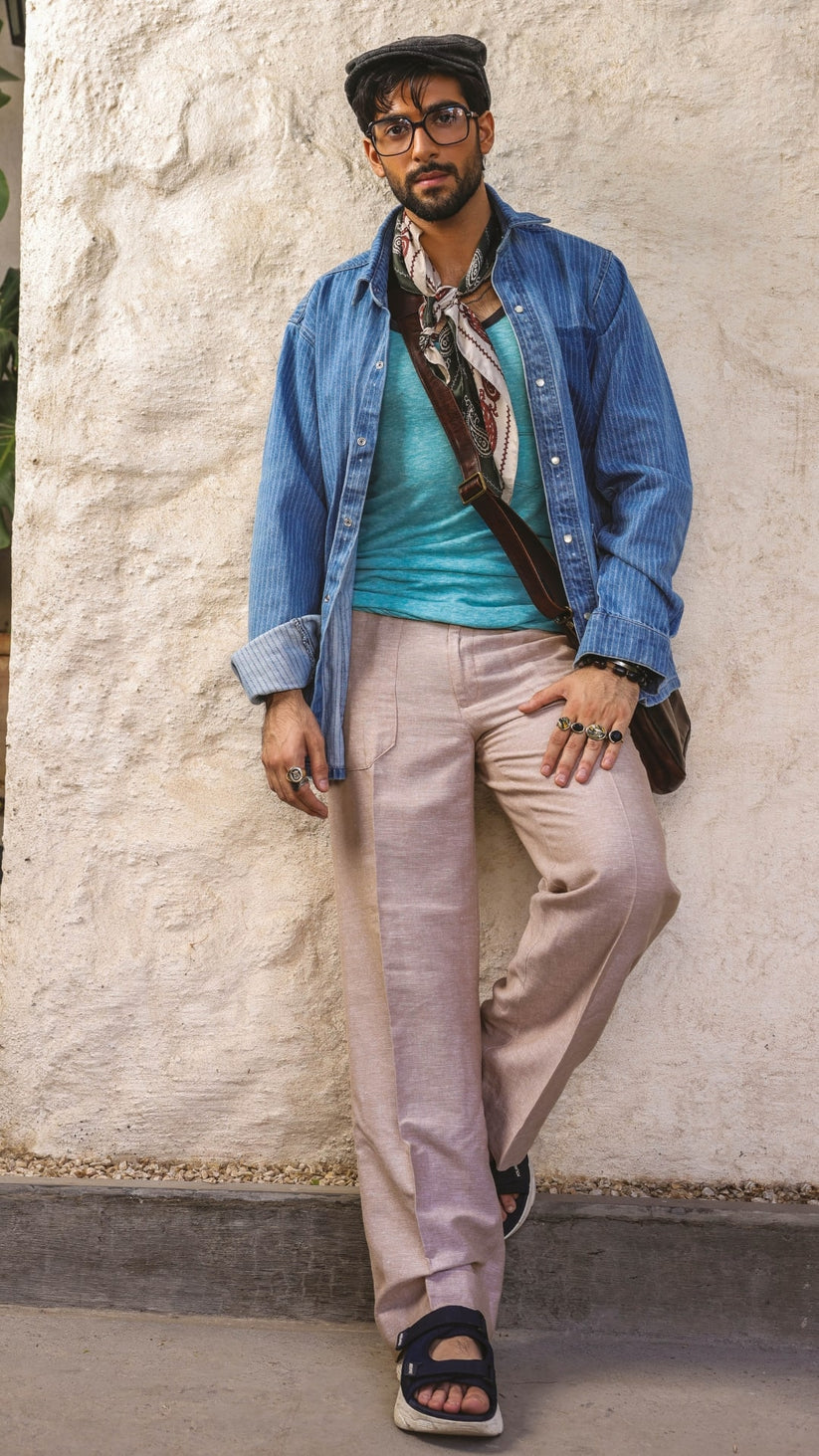 Men's blue striped denim shirt with vertical stripes and relaxed styling