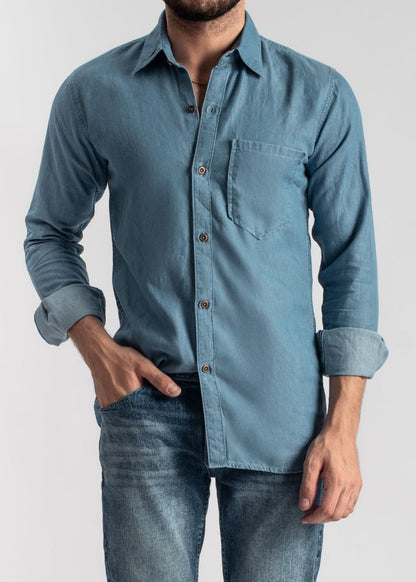 Men's cerulean blue denim shirt with relaxed fit and button-front closure