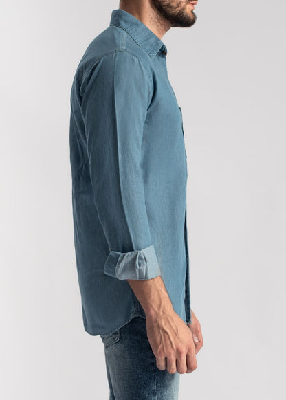 Men's cerulean blue denim shirt with relaxed fit and button-front closure