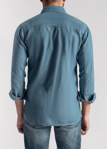 Men's cerulean blue denim shirt with relaxed fit and button-front closure