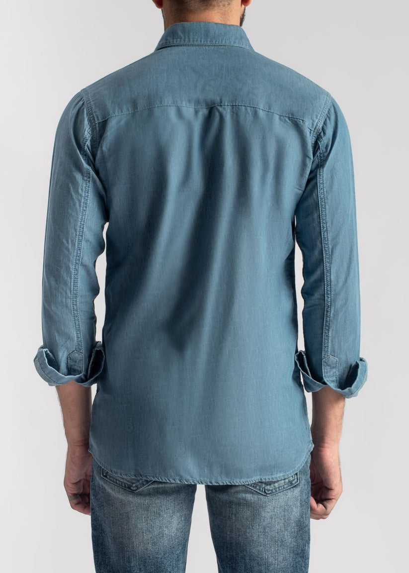 Men's cerulean blue denim shirt with relaxed fit and button-front closure
