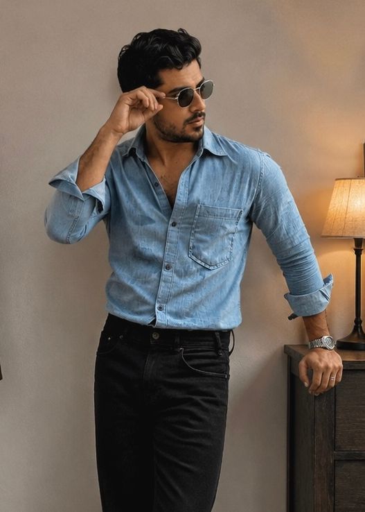 Men's cerulean blue denim shirt with relaxed fit and button-front closure