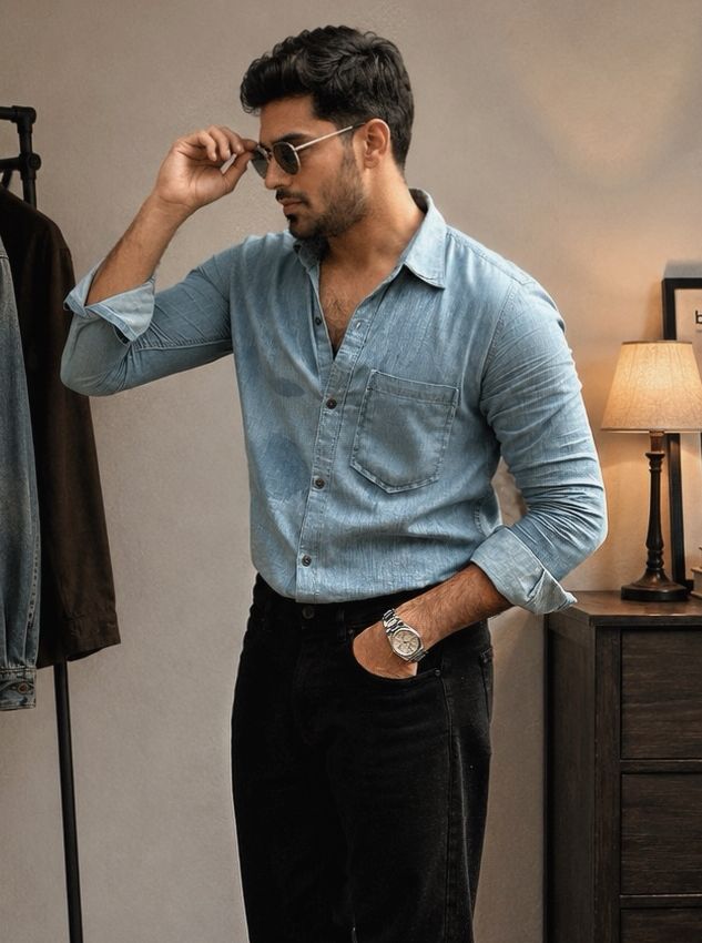 Men's cerulean blue denim shirt with relaxed fit and button-front closure