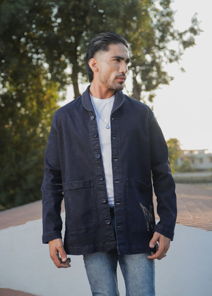 Men's dark blue denim shacket with lapel collar