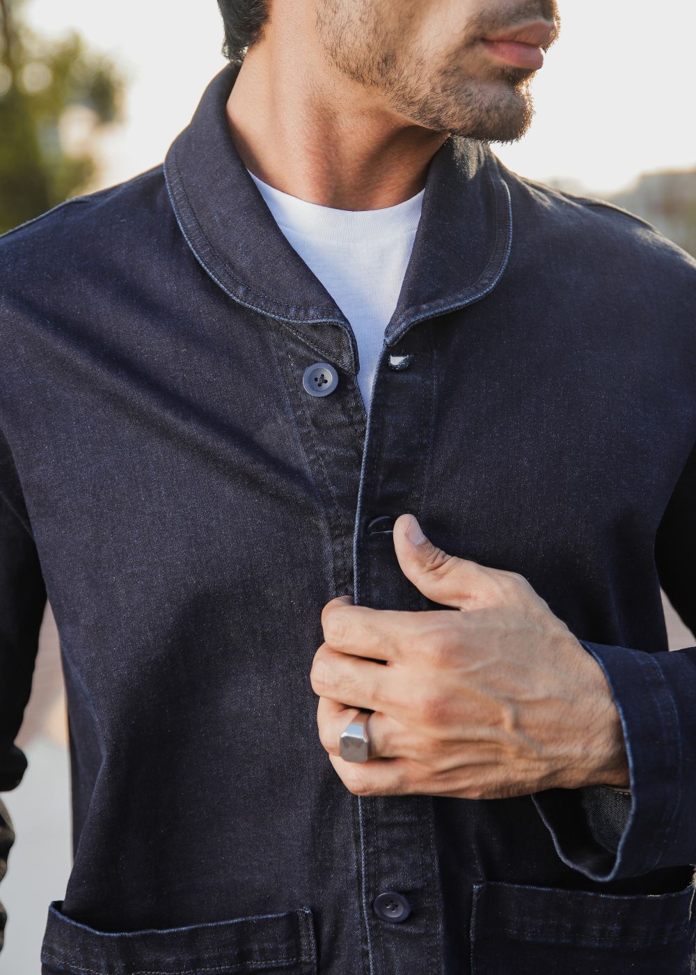 Men's dark blue denim shacket with lapel collar