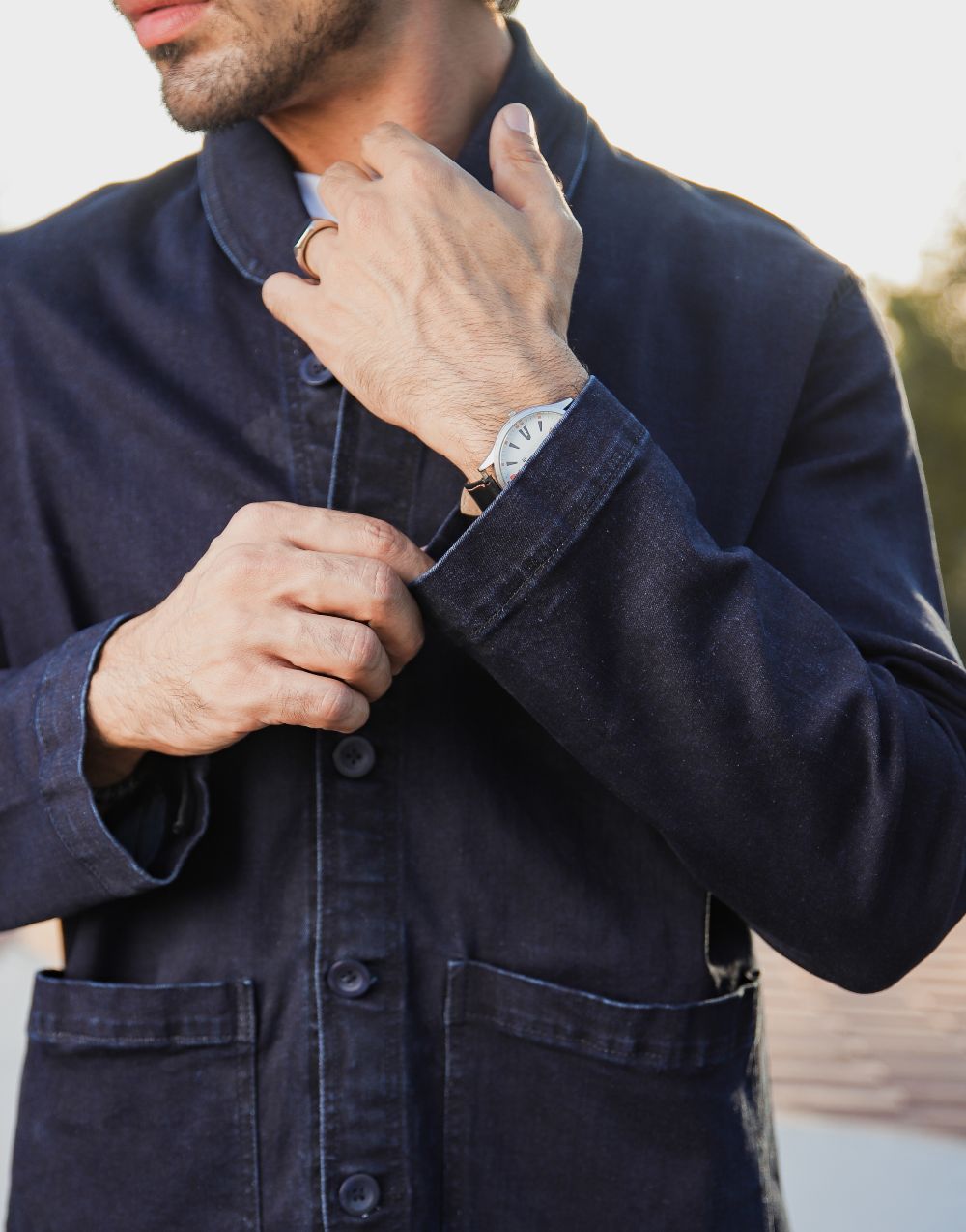 Men's dark blue denim shacket with lapel collar