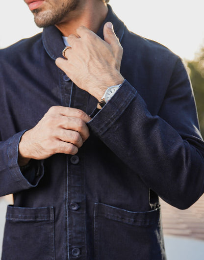 Men's dark blue denim shacket with lapel collar