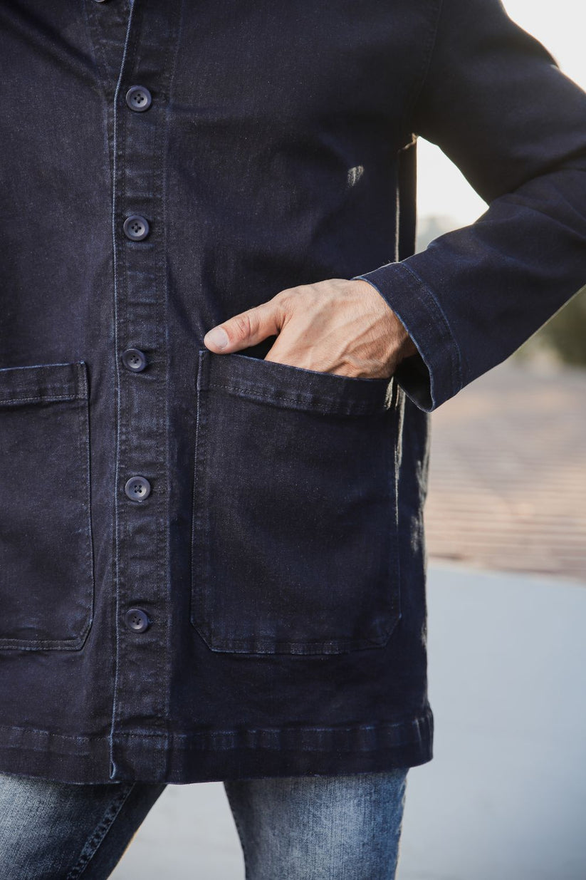 Men's dark blue denim shacket with lapel collar