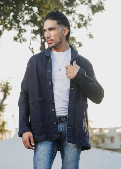 Men's dark blue denim shacket with lapel collar