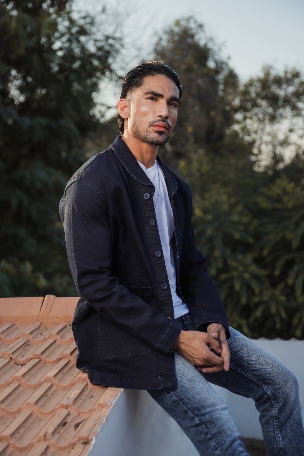 Men's dark blue denim shacket with lapel collar