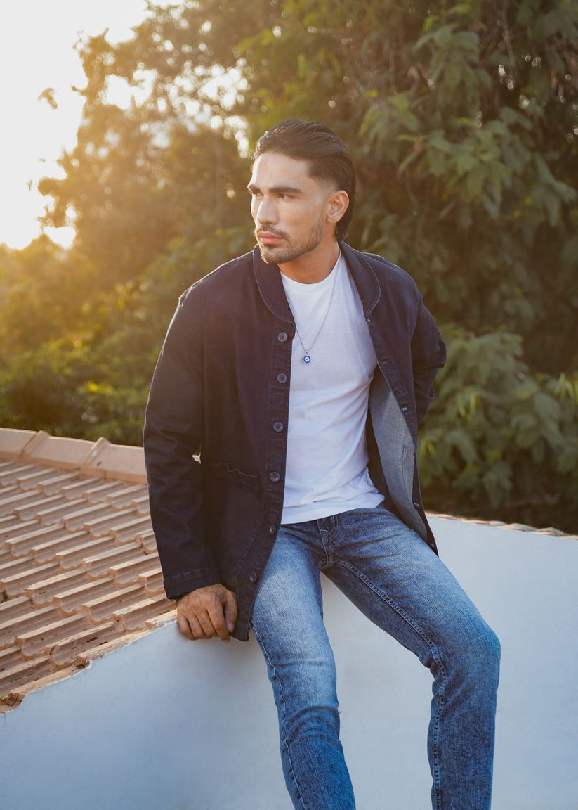 Men's dark blue denim shacket with lapel collar