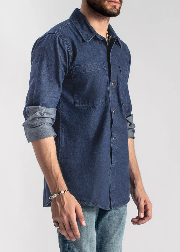 Men's dark blue denim shirt with two chest pockets and utility design