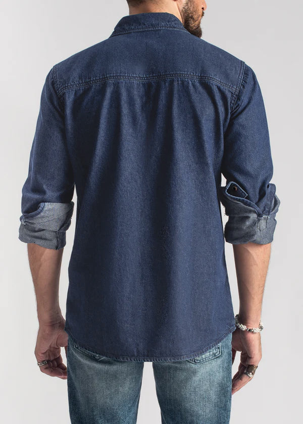 Men's dark blue denim shirt with two chest pockets and utility design