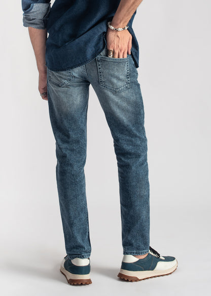 Men's dark blue denim shirt with two chest pockets and utility design