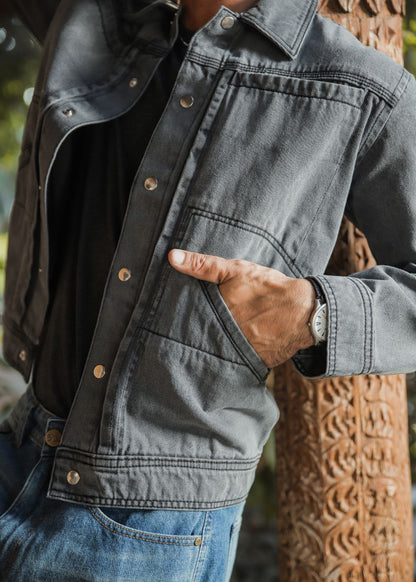 Men's grey denim jacket with button front and chest pockets