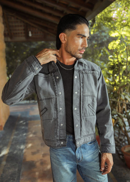 Men's grey denim jacket with button front and chest pockets