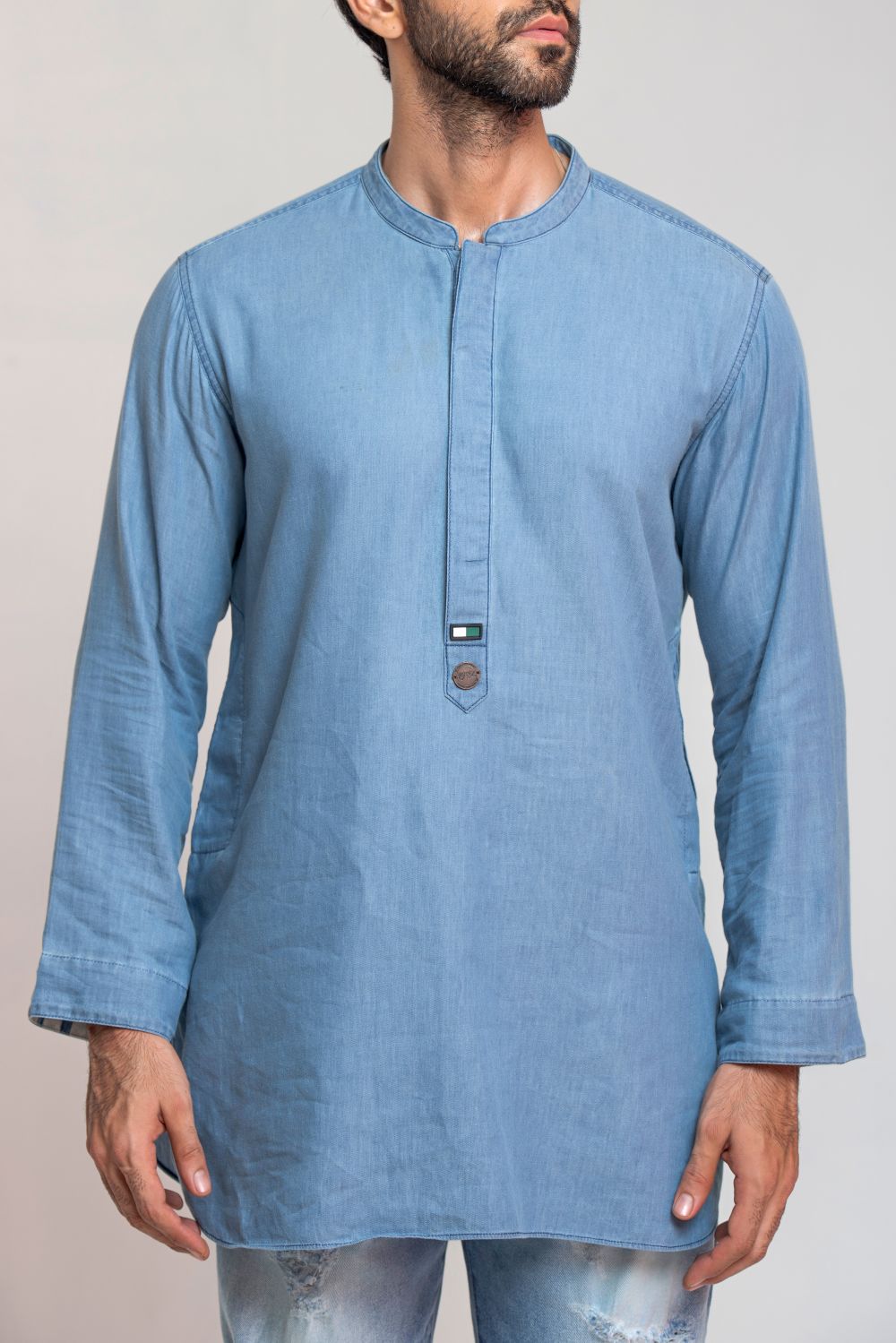 Men's light blue denim kurta with regular fit and band collar for casual traditional wear