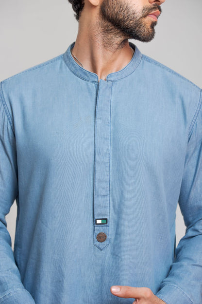 Men's light blue denim kurta with regular fit and band collar for casual traditional wear