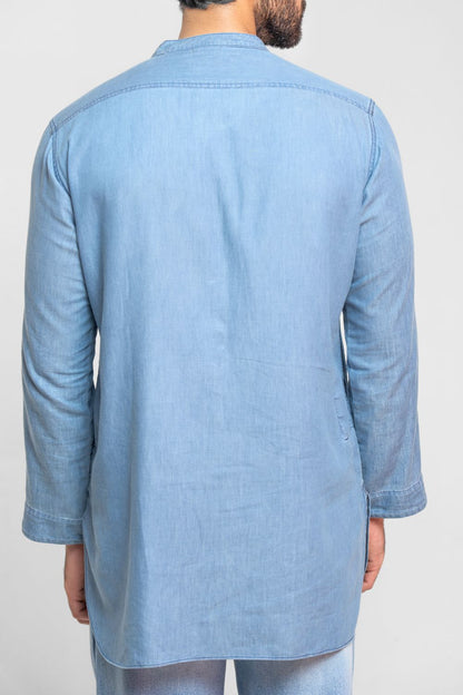 Men's light blue denim kurta with regular fit and band collar for casual traditional wear