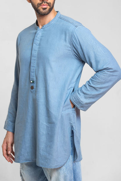 Men's light blue denim kurta with regular fit and band collar for casual traditional wear