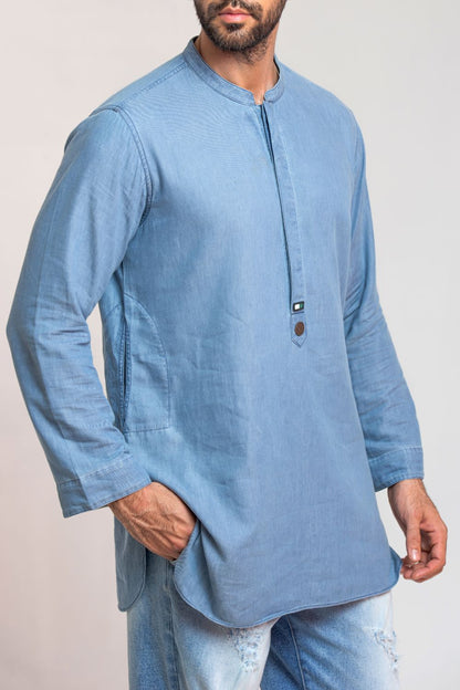 Men's light blue denim kurta with regular fit and band collar for casual traditional wear