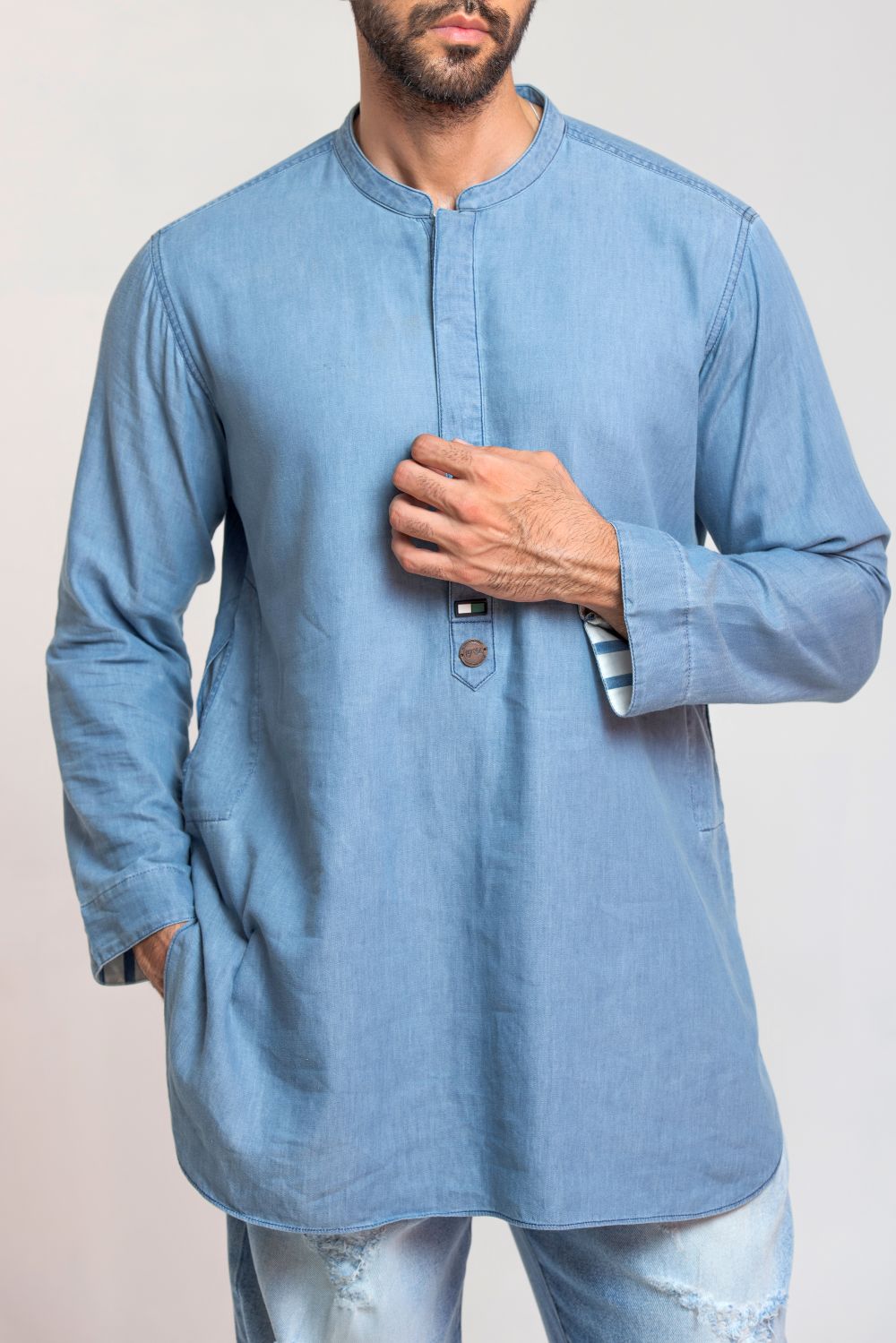 Men's light blue denim kurta with regular fit and band collar for casual traditional wear