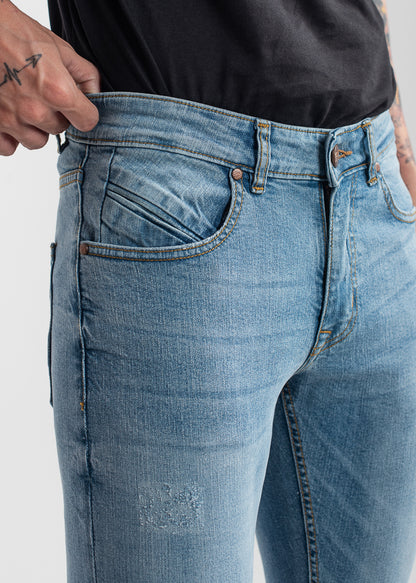 Men’s light blue skinny fit jeans with stretch denim and tapered leg design