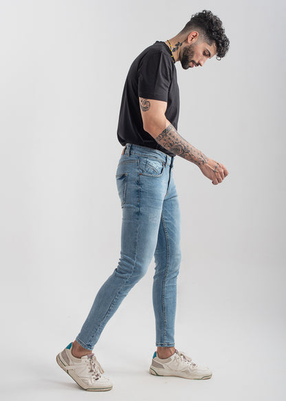 Men’s light blue skinny fit jeans with stretch denim and tapered leg design