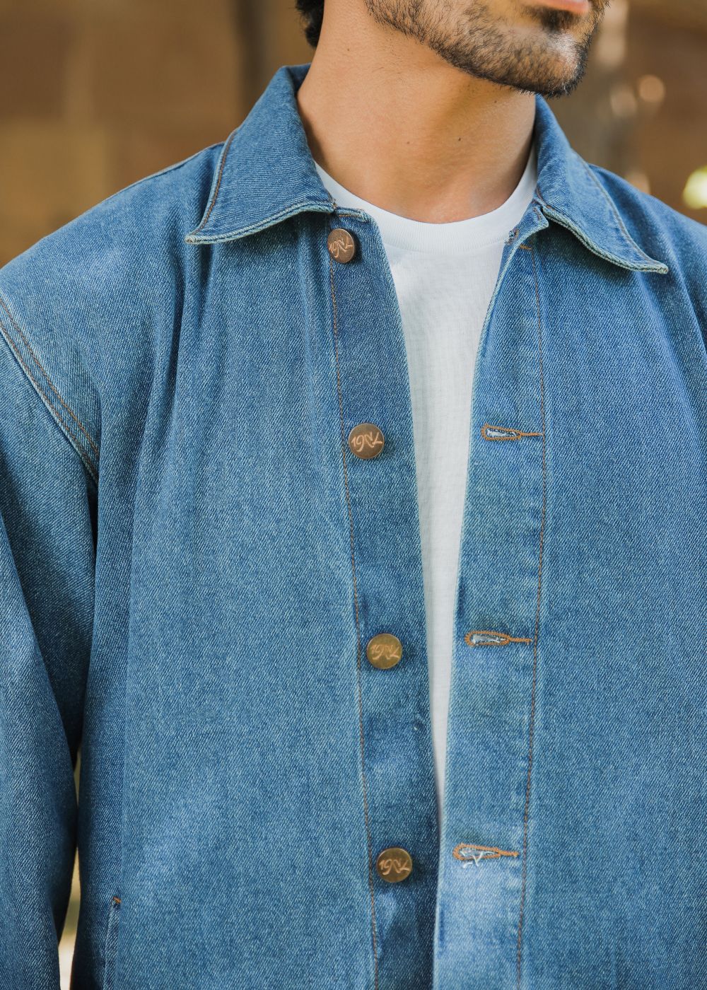 Men's mid blue denim shacket with button front