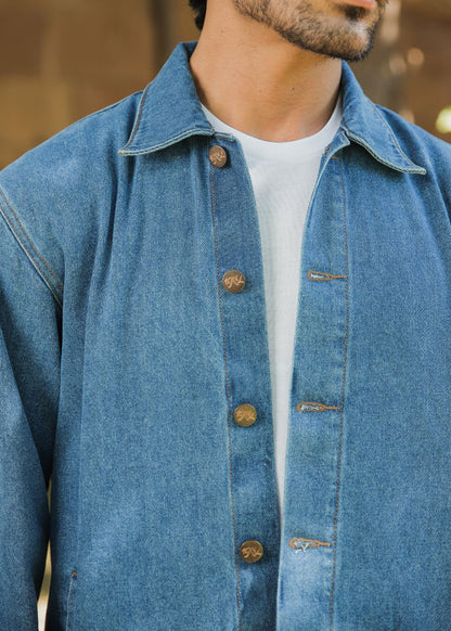 Men's mid blue denim shacket with button front