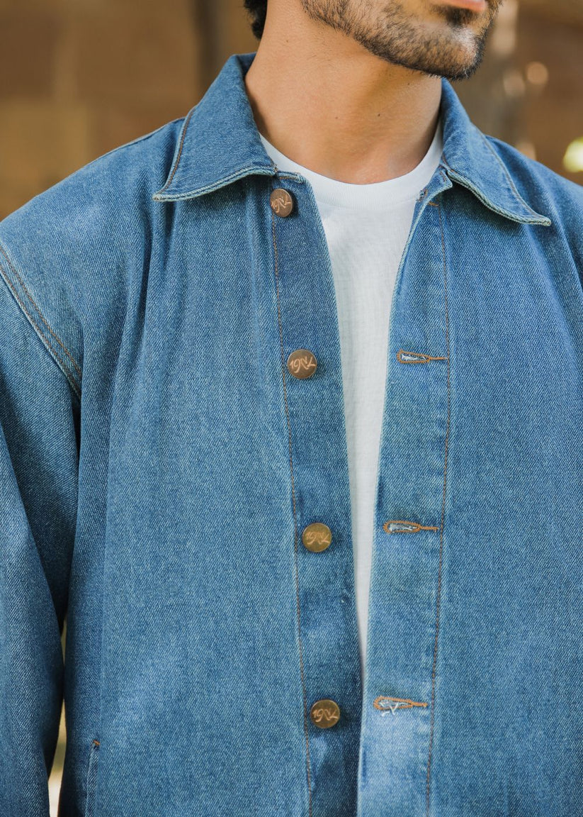 Men's mid blue denim shacket with button front