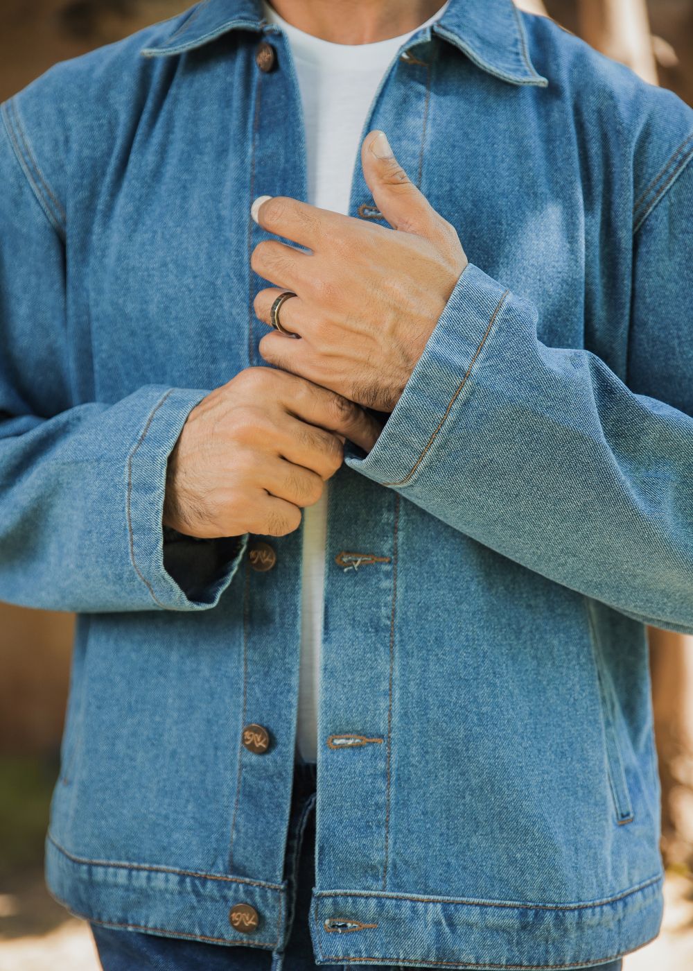 Men's mid blue denim shacket with button front