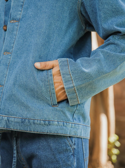 Men's mid blue denim shacket with button front