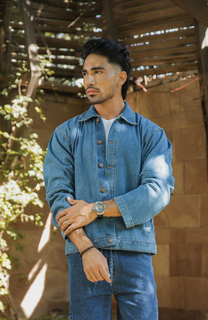 Men's mid blue denim shacket with button front