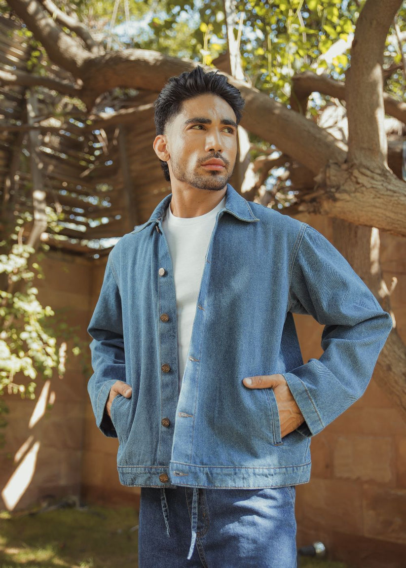 Men's mid blue denim shacket with button front