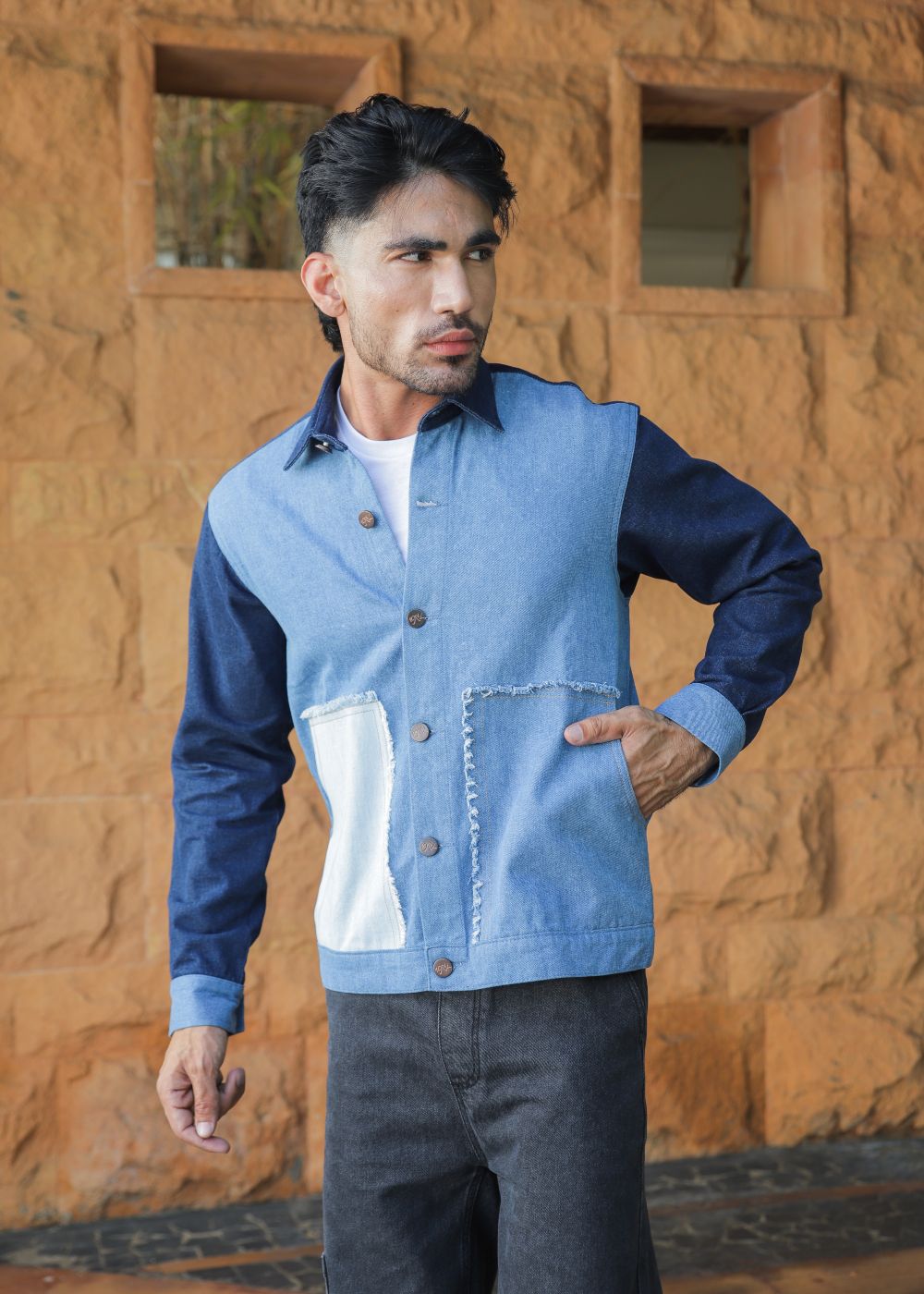 Men's multi-tone denim jacket with patchwork design