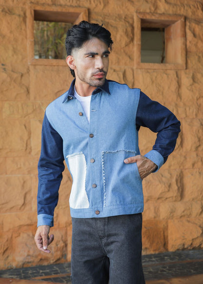 Men's multi-tone denim jacket with patchwork design