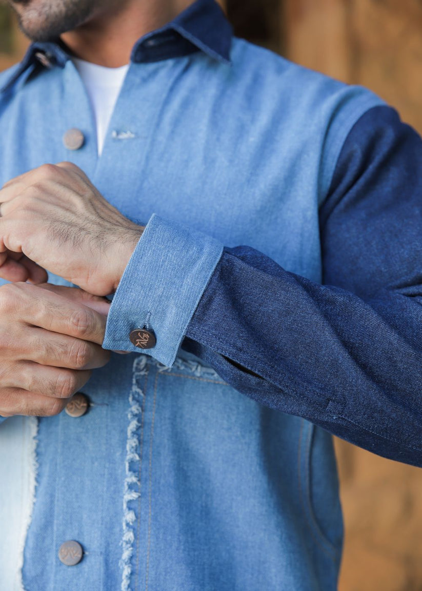 Men's multi-tone denim jacket with patchwork design
