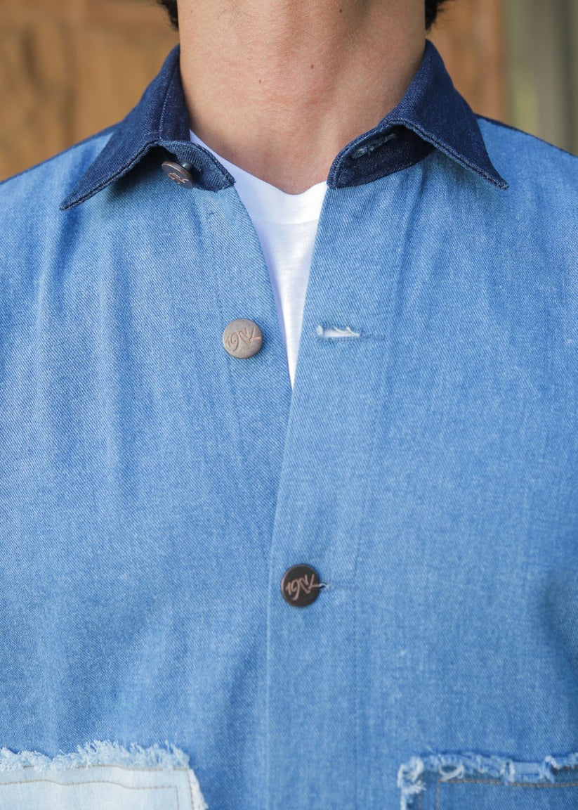 Men's multi-tone denim jacket with patchwork design