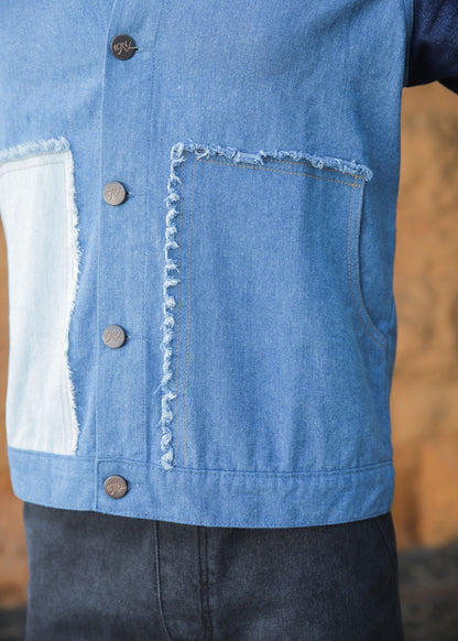 Men's multi-tone denim jacket with patchwork design