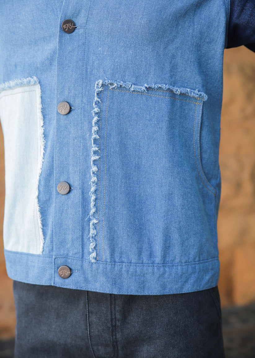 Men's multi-tone denim jacket with patchwork design