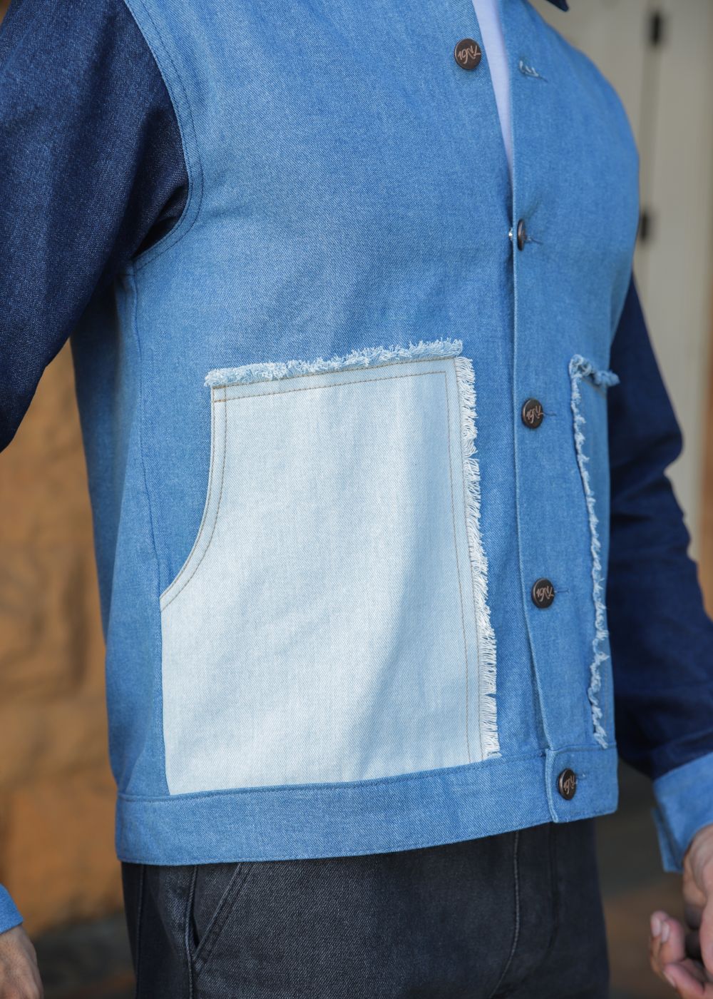 Men's multi-tone denim jacket with patchwork design