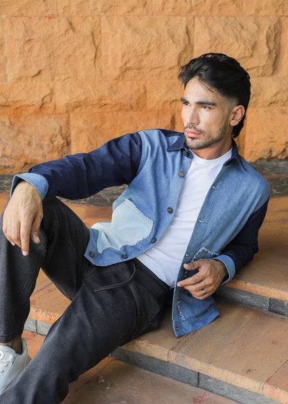 Men's multi-tone denim jacket with patchwork design